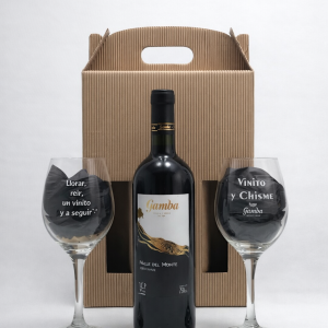 Pack obsequio: 2 copas con frase + botella de vino Línea Clásica